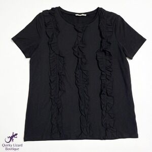 Zara Trafaluc Ruffle Front Tee Womens Medium Black Short Sleeve Cotton Knit Top